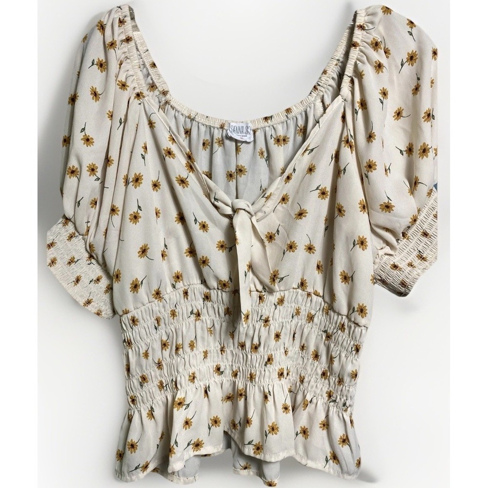 Sienna Sky Floral Smocked Peasant Top Cream Yellow‎ Sunflower XL